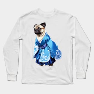 Regal Pug in Blue Hanbok with Intricate Embroidery Long Sleeve T-Shirt